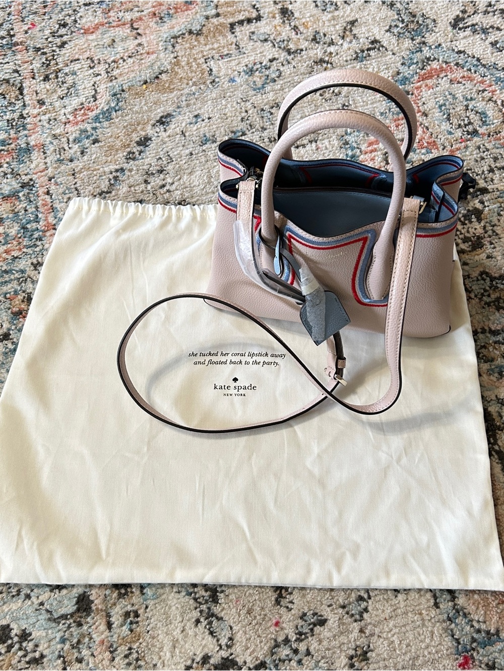 kate spade light pink leather satchel with navy and red trim